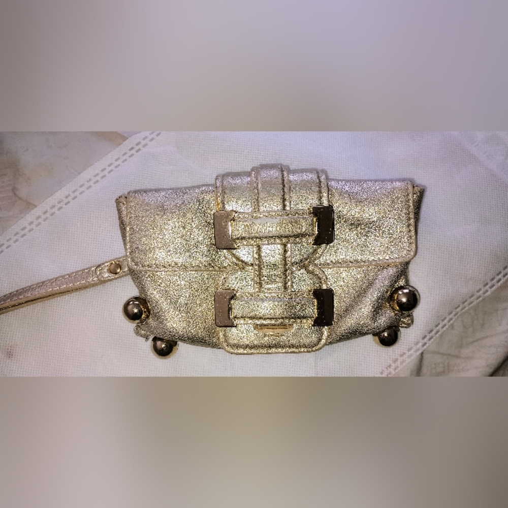 ROBERTO CAVALLI GOLD LEATHER MINI POCHETTE WRISTLET WALLET AUTHENTIC AND RARE!